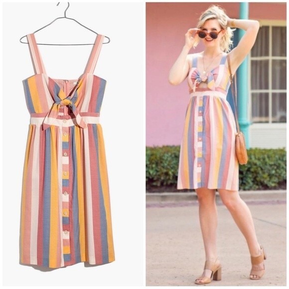 Madewell Tie Front Boho Cutout Button Front Summer Sun Dress Sherbet Stripe 00 - Picture 3 of 14
